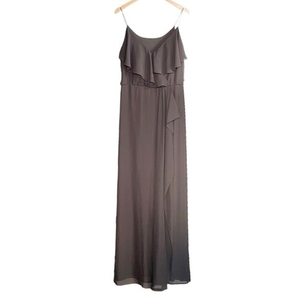 Nouvelle Amsale Drew Gray Chiffon Ruffle Wrap Spaghetti Strap Slip Dress Size XL - Picture 3 of 14